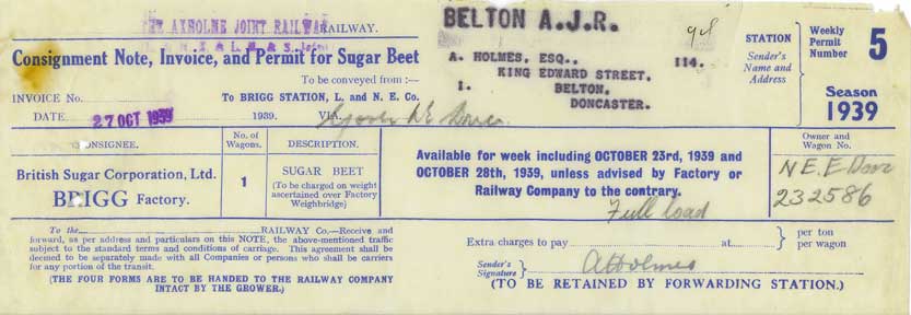 Sugar beet consignment note (1939)